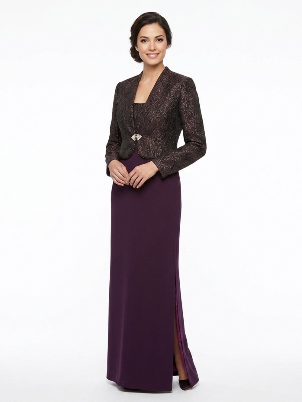 Karen Miller NY Formal Dress Jacket Set 12 Purple  Metallic Brocade Maxi Gown